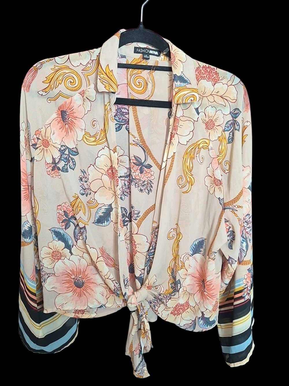 Fashion Nova Floral Tie-Front Blouse - Cream, Pink, Blue, Yellow